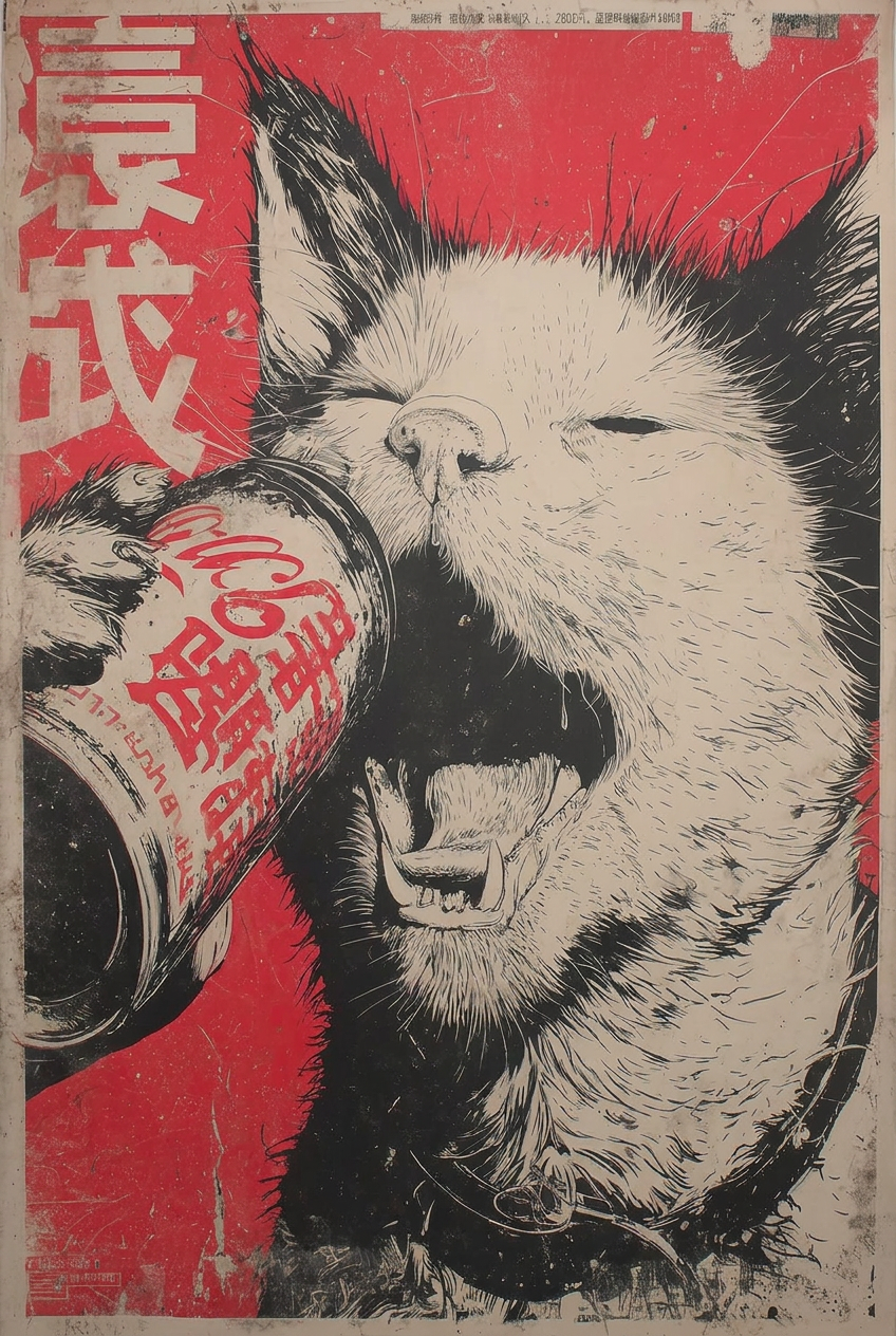 Vintage Japanese Punk Cat Drinking Soda Poster