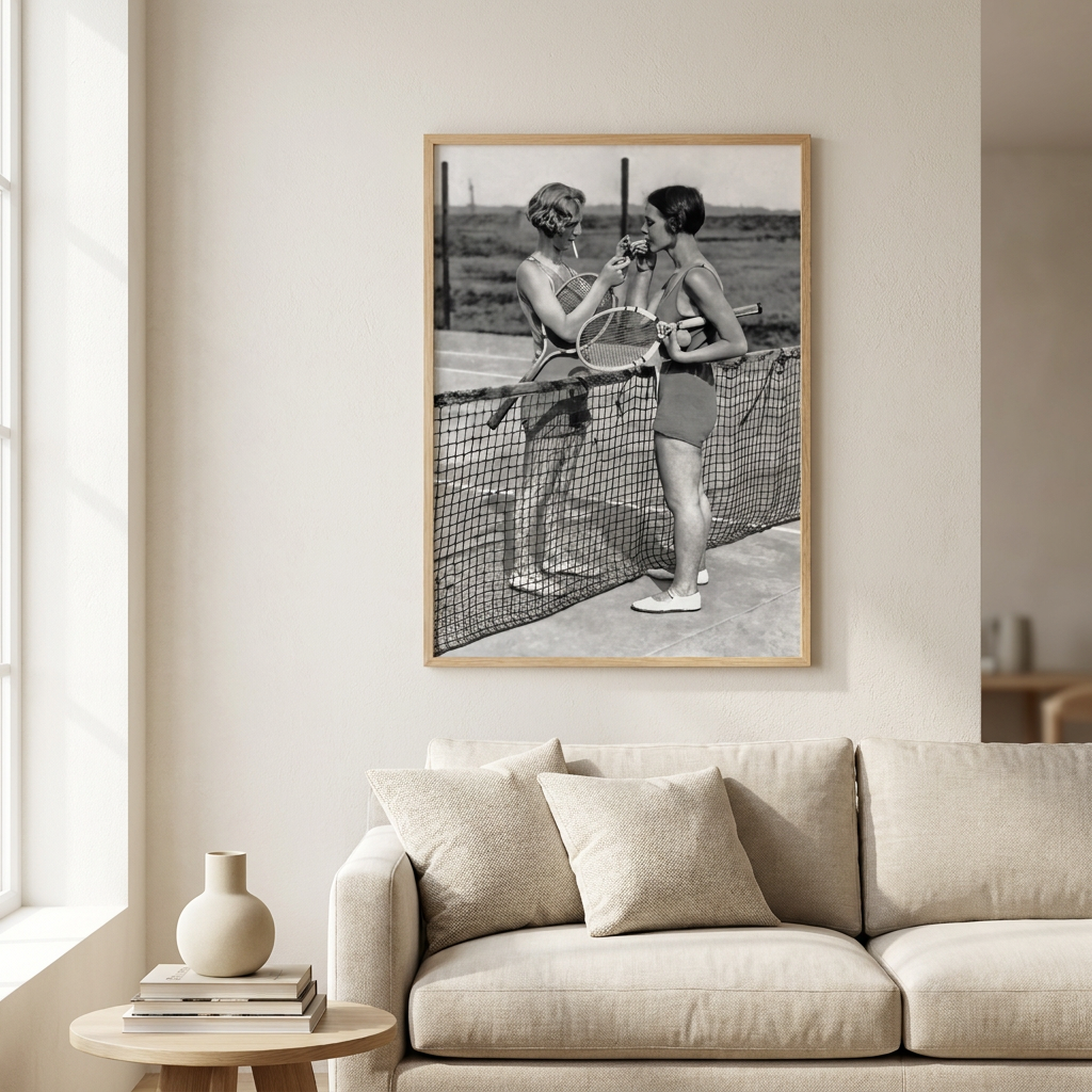 Women Tennis Players Cigarette Break Vintage Poster framed on a wall