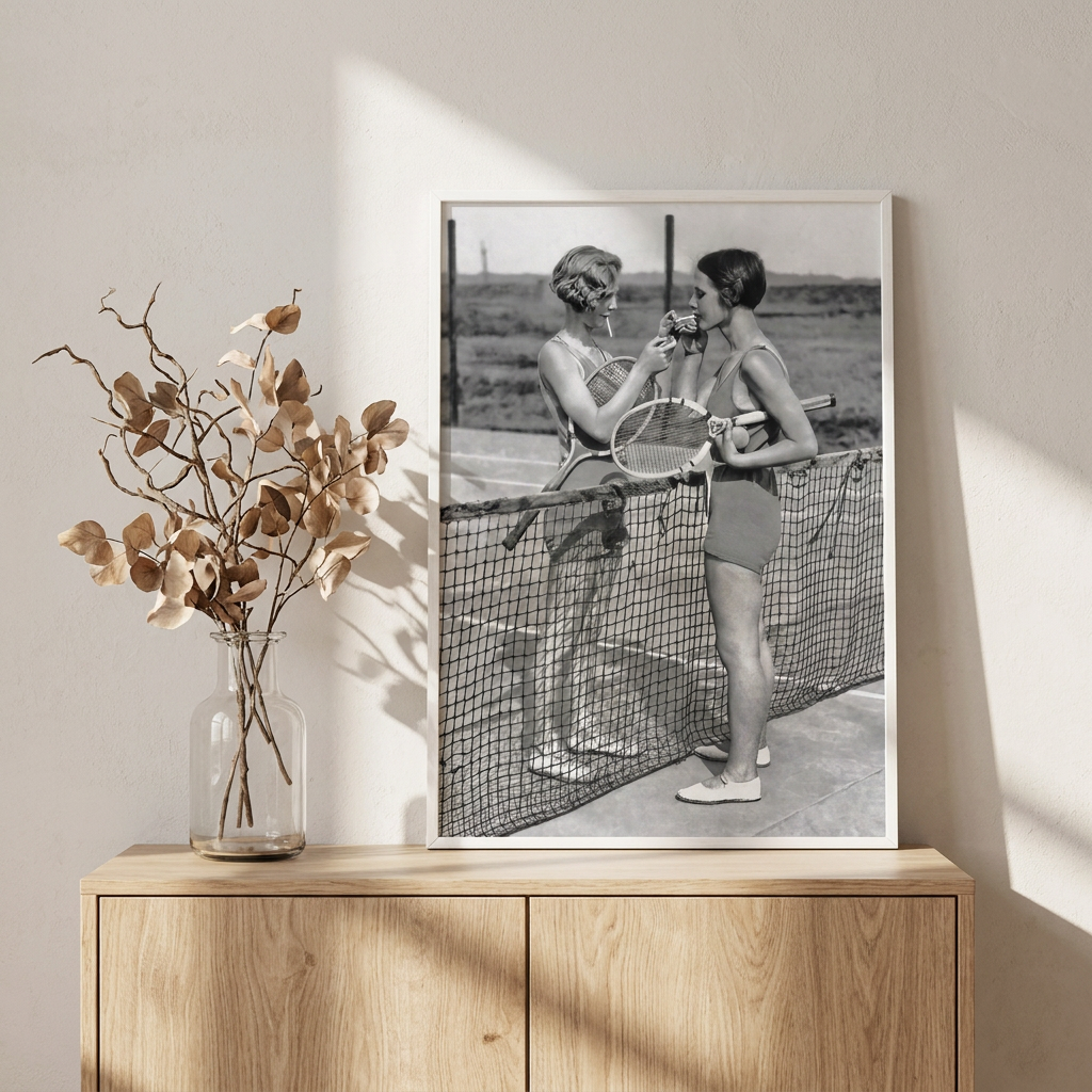 Women Tennis Players Cigarette Break Vintage Poster framed on a wall
