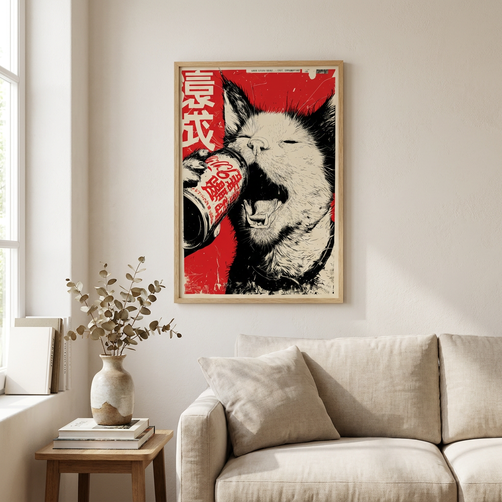 Vintage Japanese Punk Cat Drinking Soda Poster framed on a wall