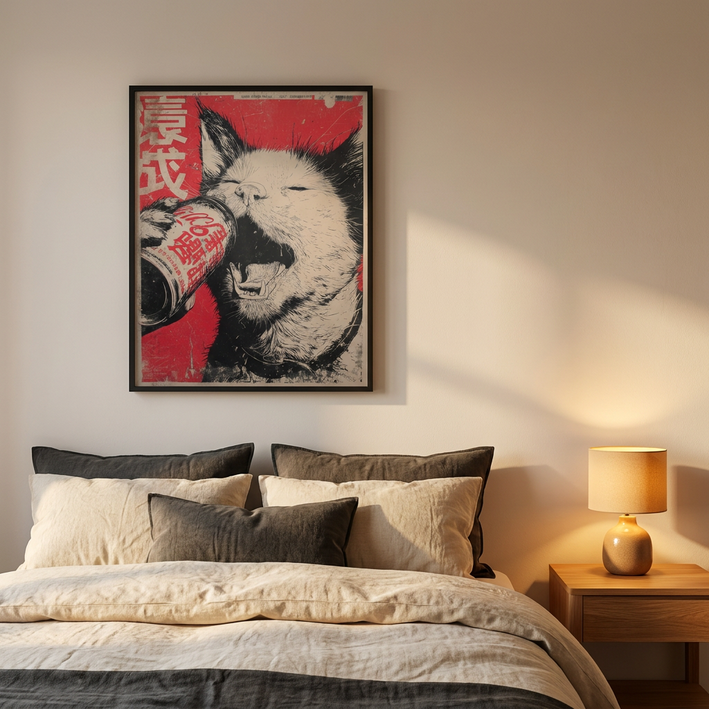 Vintage Japanese Punk Cat Drinking Soda Poster framed on a wall