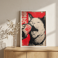 Vintage Japanese Punk Cat Drinking Soda Poster framed on a wall
