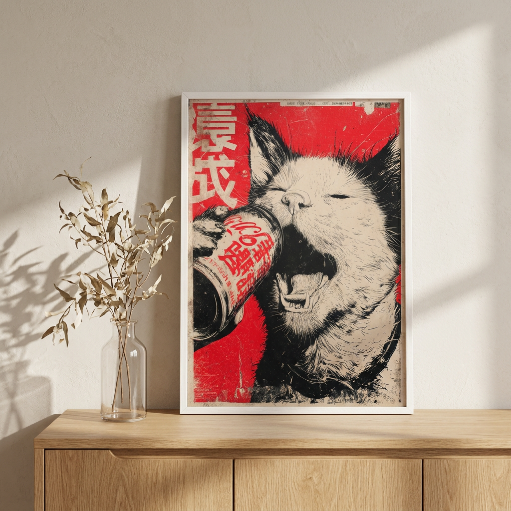 Vintage Japanese Punk Cat Drinking Soda Poster framed on a wall