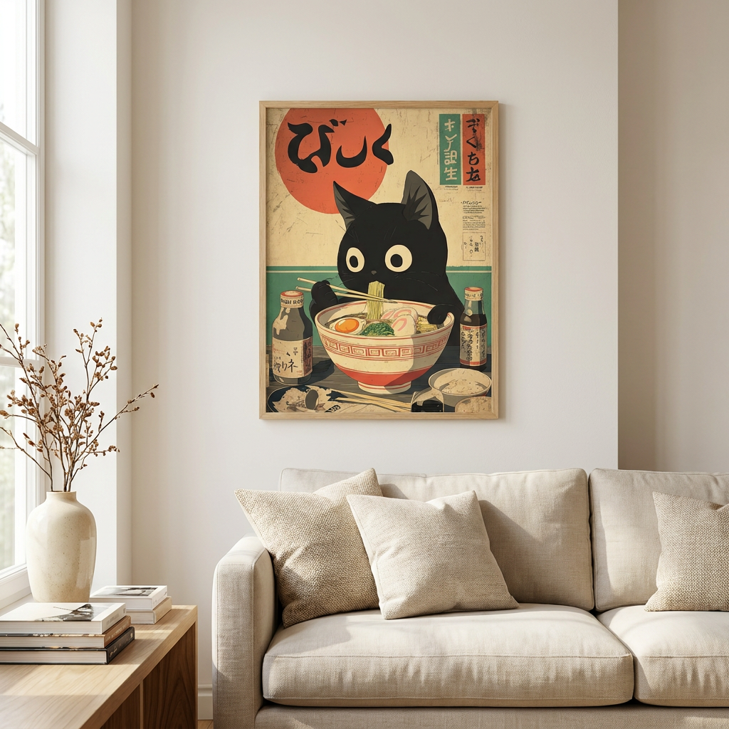 Kawaii Kuro Neko Ramen Run Poster framed on a wall