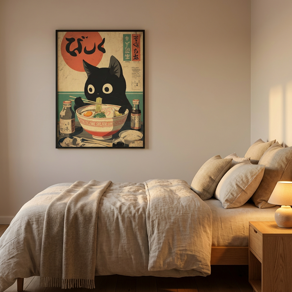 Kawaii Kuro Neko Ramen Run Poster framed on a wall