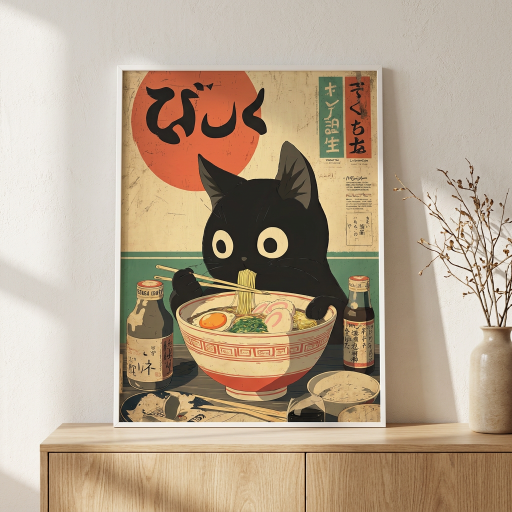 Kawaii Kuro Neko Ramen Run Poster framed on a wall