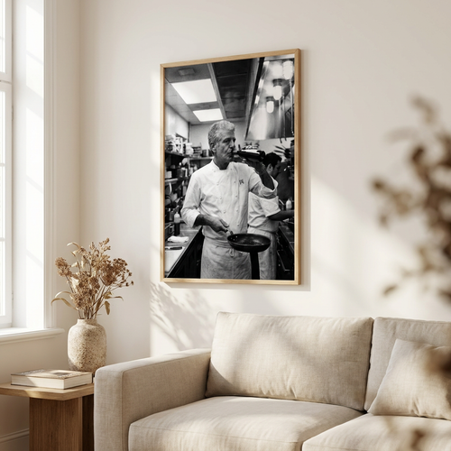Cook Open Beer Anthony Bourdain Poster framed on a wall