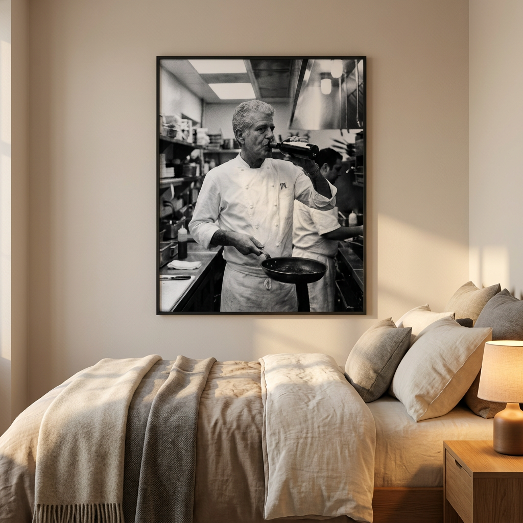 Cook Open Beer Anthony Bourdain Poster framed on a wall
