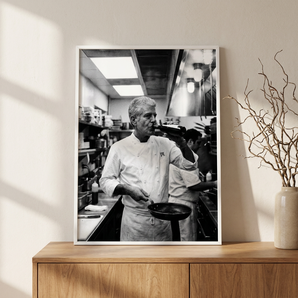 Cook Open Beer Anthony Bourdain Poster framed on a wall