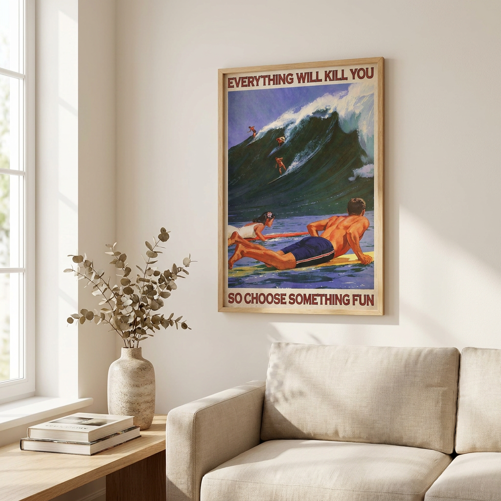 Surf Let Take Some Risk Poster framed on a wall