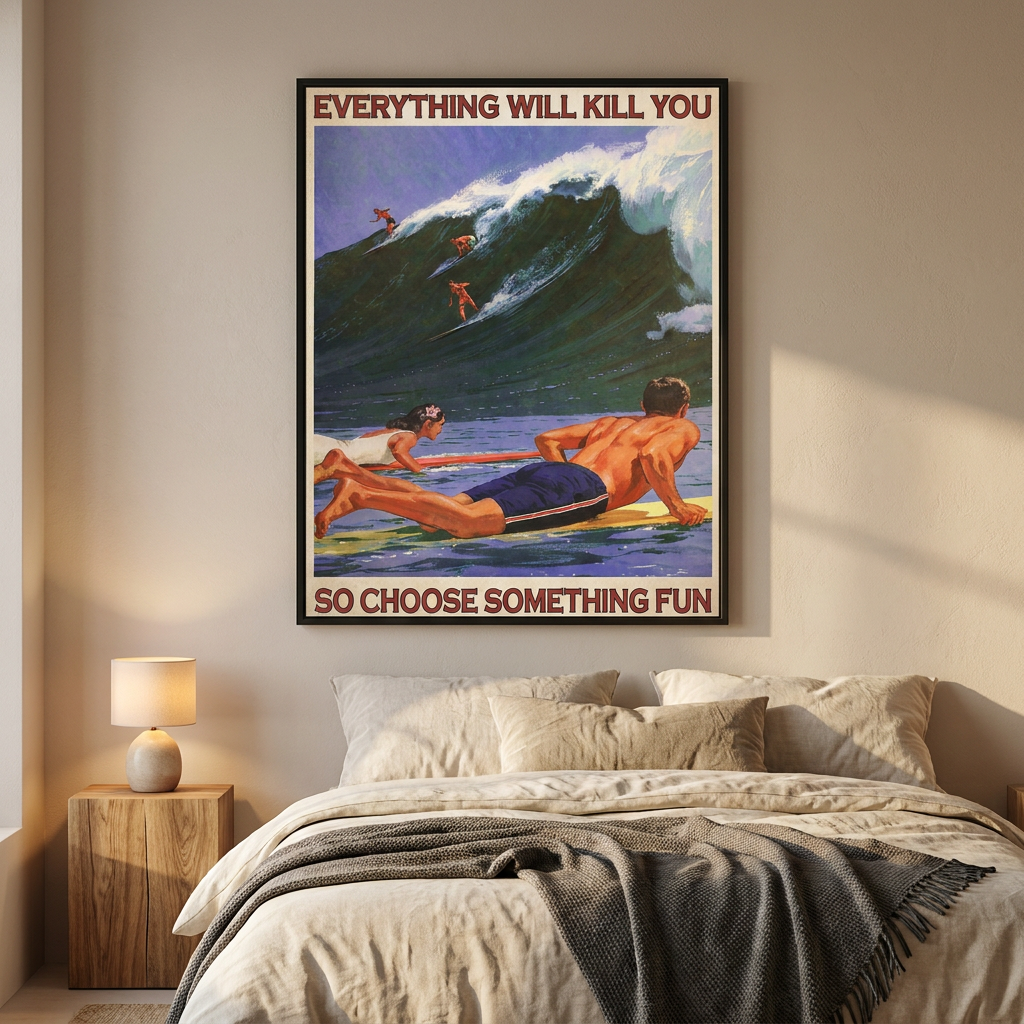 Surf Let Take Some Risk Poster framed on a wall
