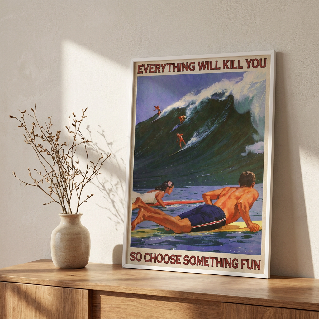 Surf Let Take Some Risk Poster framed on a wall