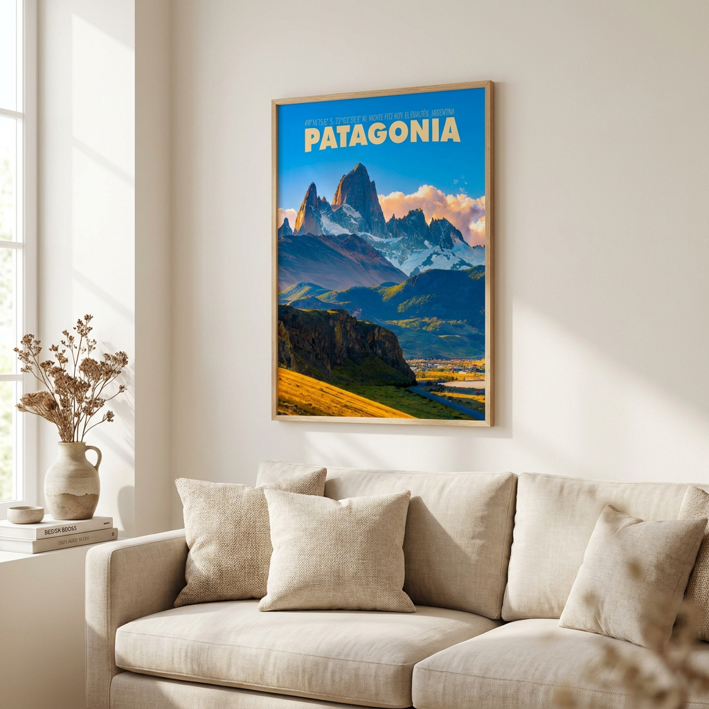 Patagonia Travel Poster framed on a wall