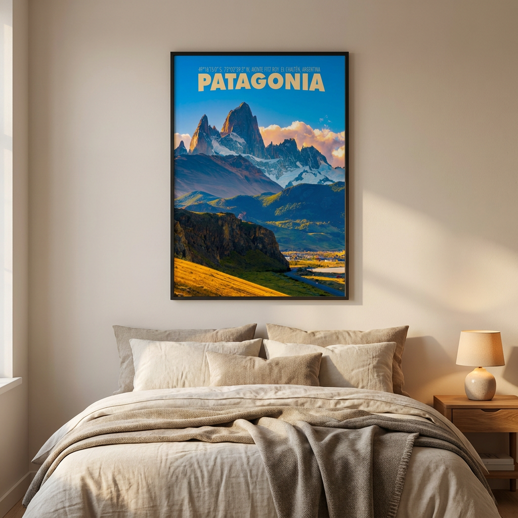 Patagonia Travel Poster framed on a wall