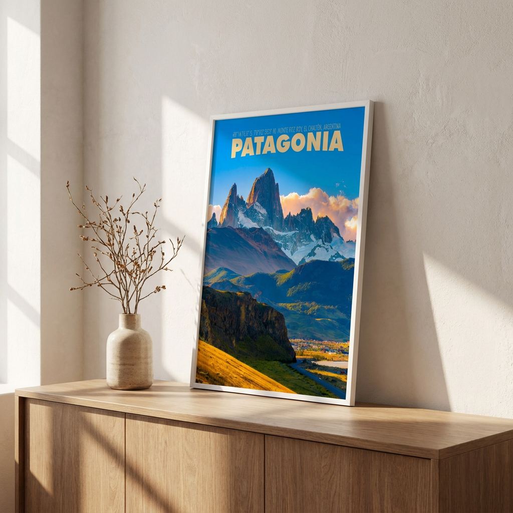 Patagonia Travel Poster framed on a wall