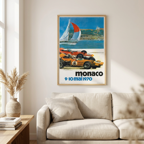 1970 Monaco Grand Prix Racing Poster framed on a wall