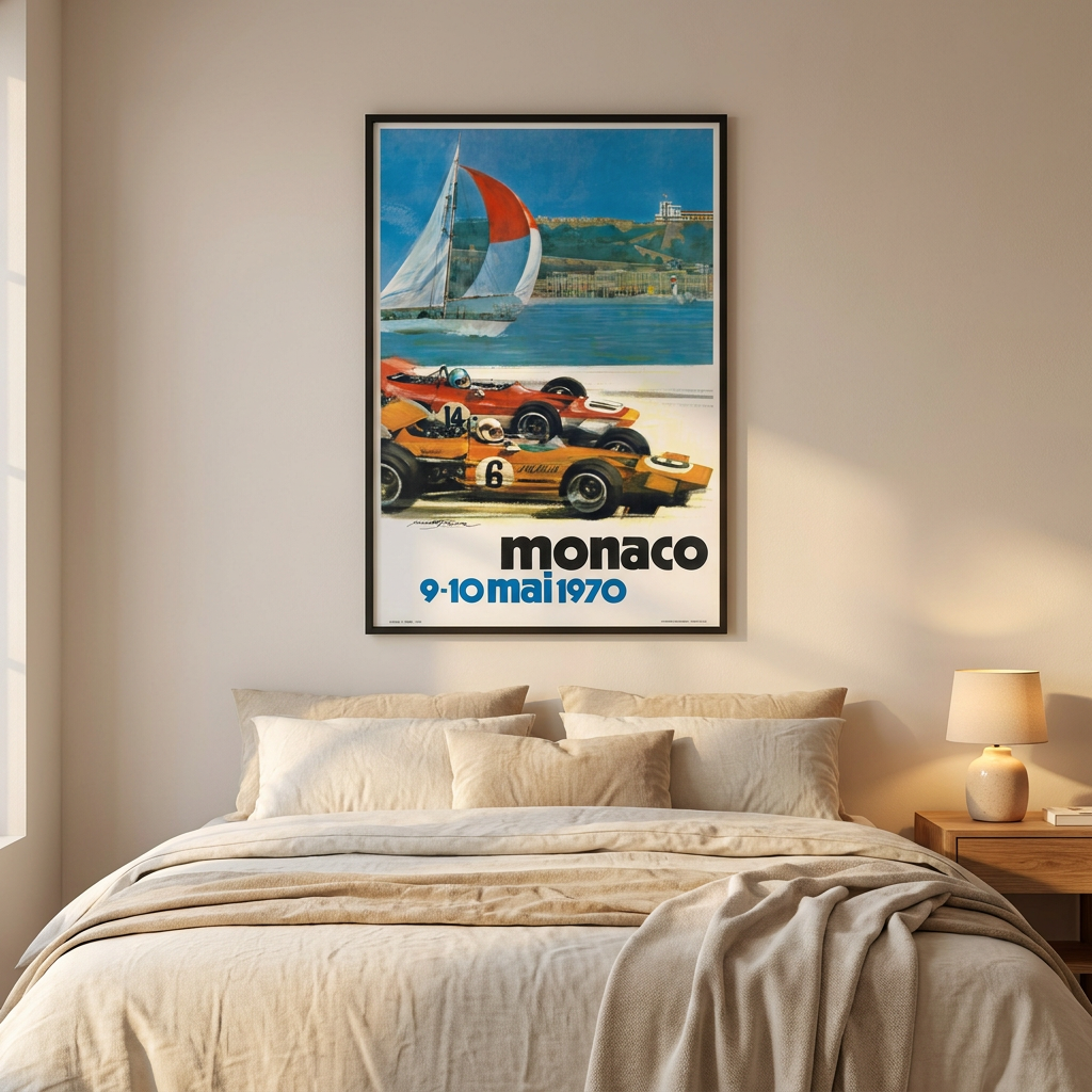 1970 Monaco Grand Prix Racing Poster framed on a wall