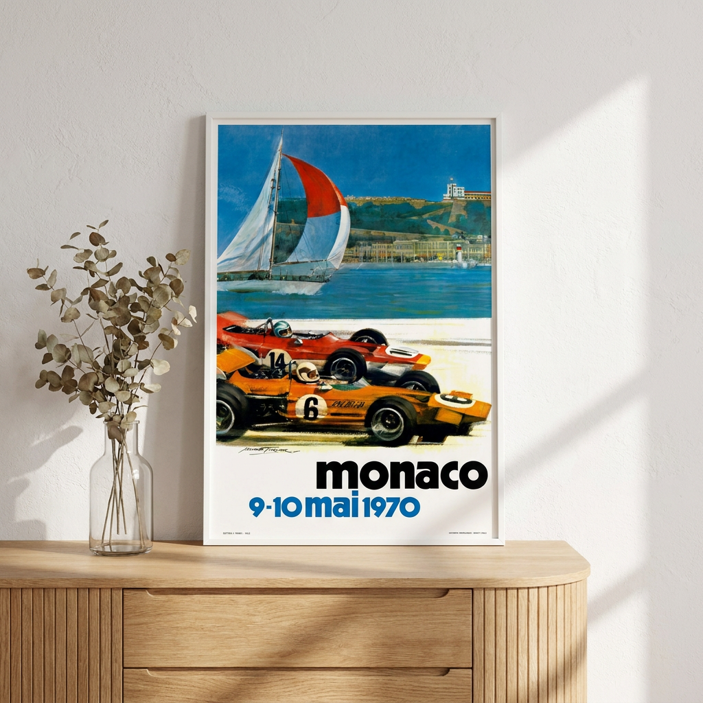 1970 Monaco Grand Prix Racing Poster framed on a wall