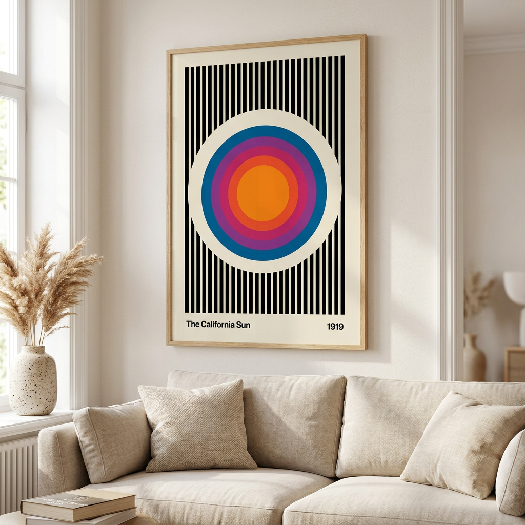 Vintage California Sun Poster framed on a wall