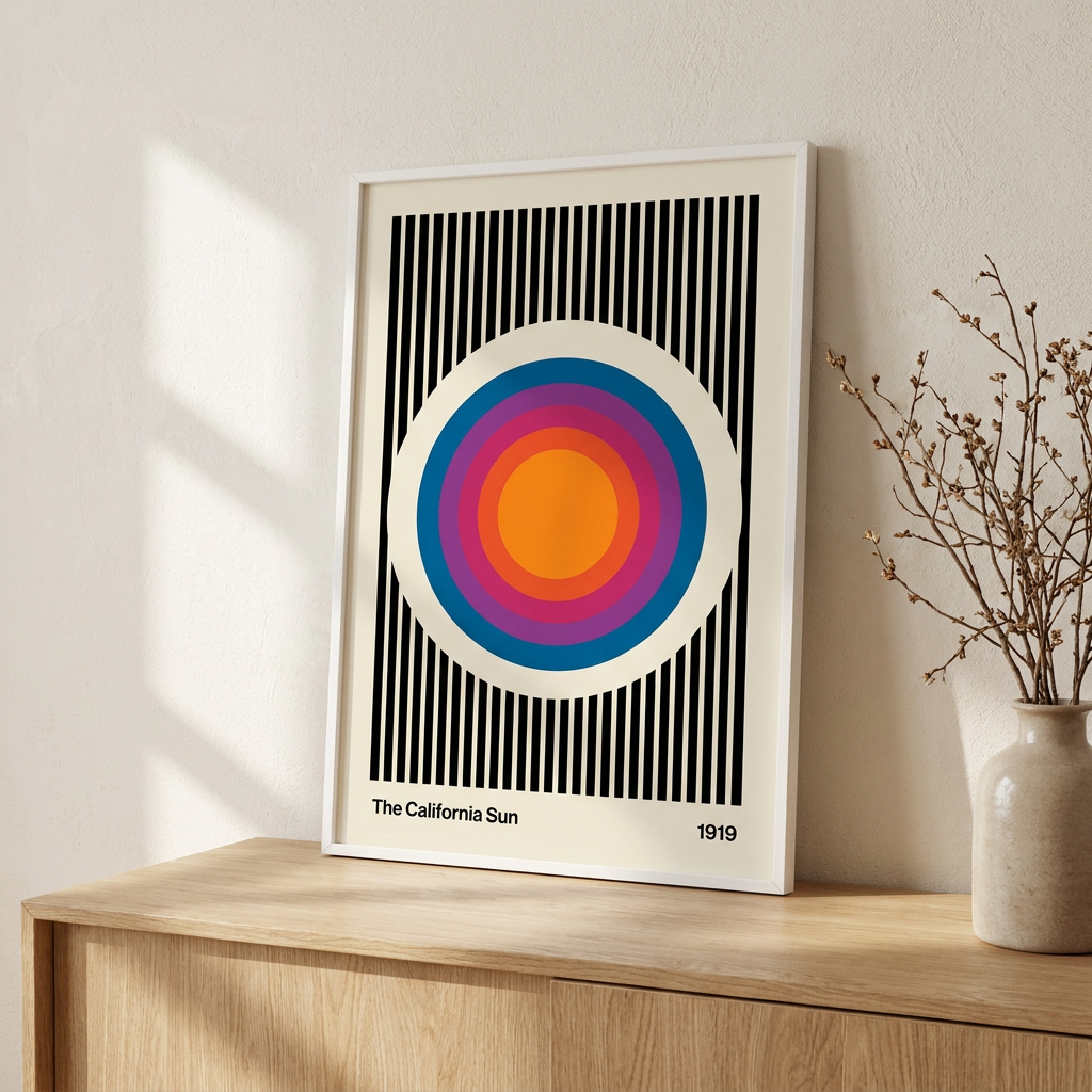 Vintage California Sun Poster framed on a wall