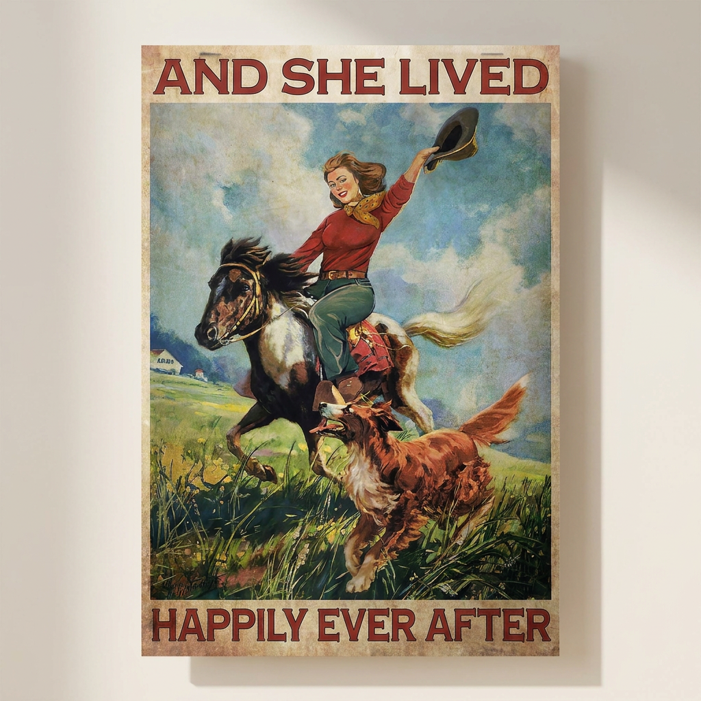 Girl Riding Horse She Lived Happily Poster shown cleanly on a wall