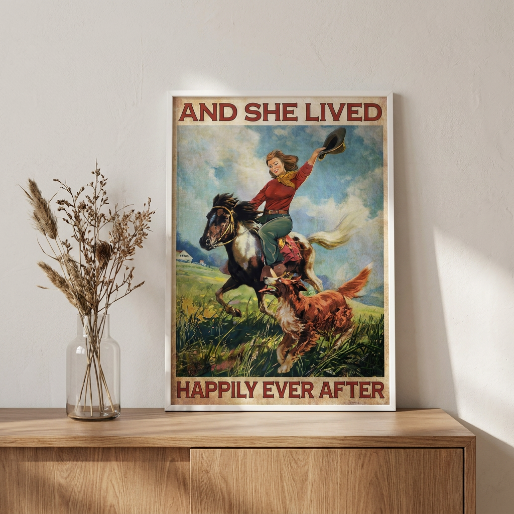 Girl Riding Horse She Lived Happily Poster framed in an interior