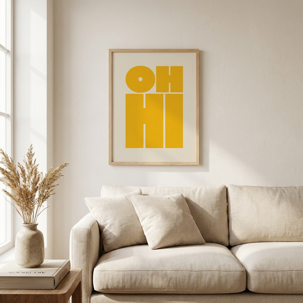 Oh Hi Bold Typography Yellow Poster framed in an interior