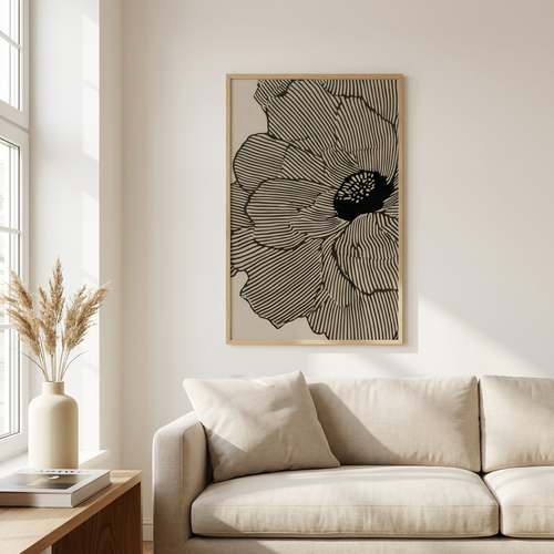 Abstract Flower Minimalist Black White Line Poster framed in an interior