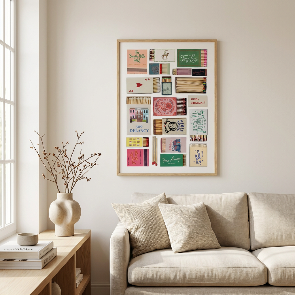 Matchbox Collage Poster framed in an interior