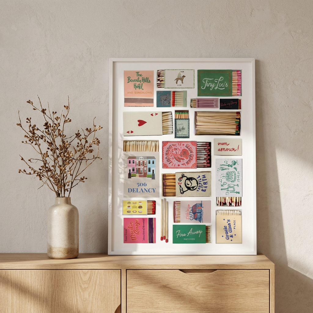Matchbox Collage Poster framed in an interior