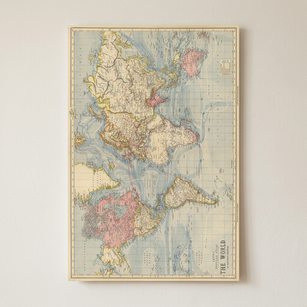 Vintage Map World 1883 Poster shown cleanly on a wall