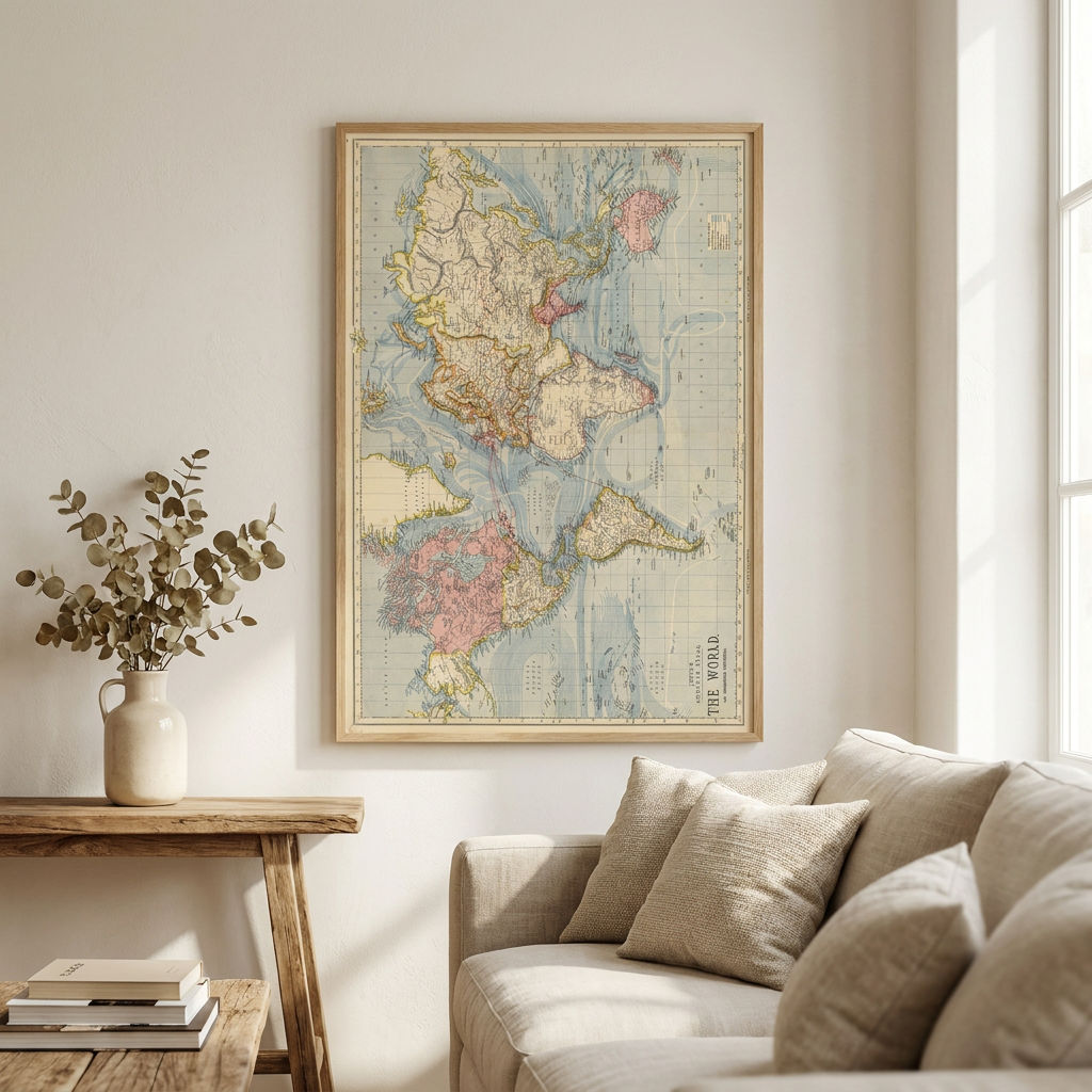 Vintage Map World 1883 Poster framed in an interior