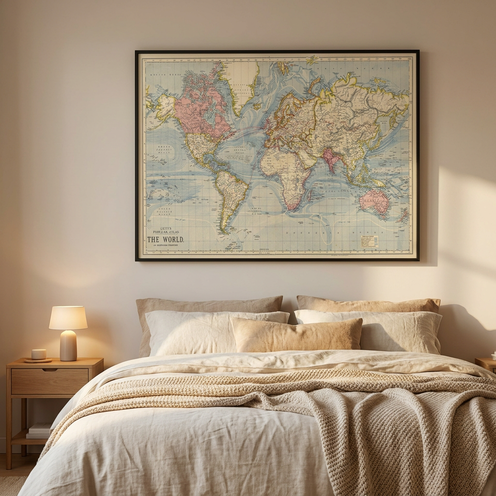 Vintage Map World 1883 Poster framed in an interior