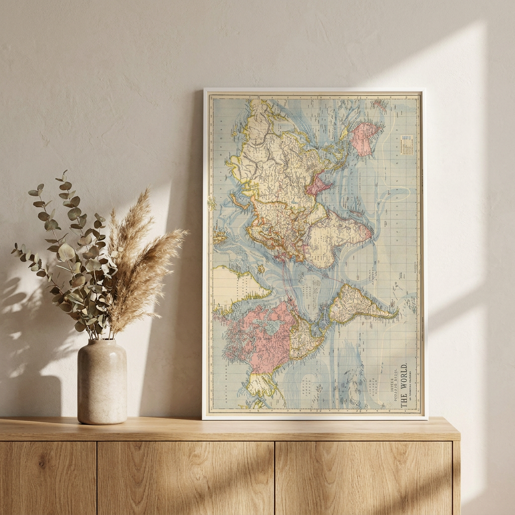 Vintage Map World 1883 Poster framed in an interior