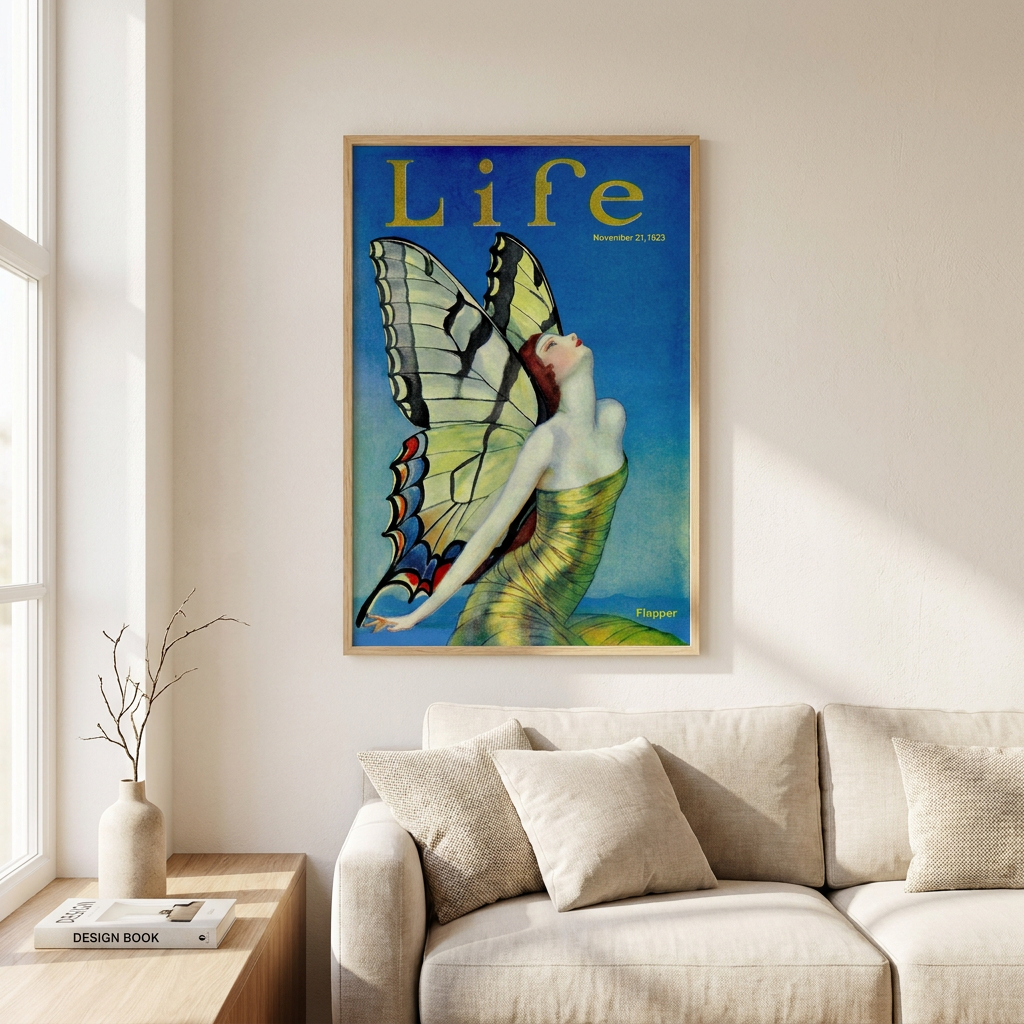 Life Vintage 1923 Flapper Butterfly Poster framed in an interior
