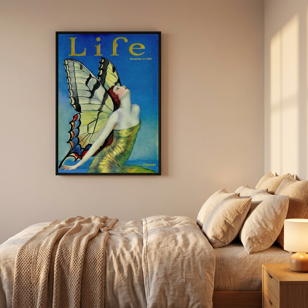 Life Vintage 1923 Flapper Butterfly Poster framed in an interior