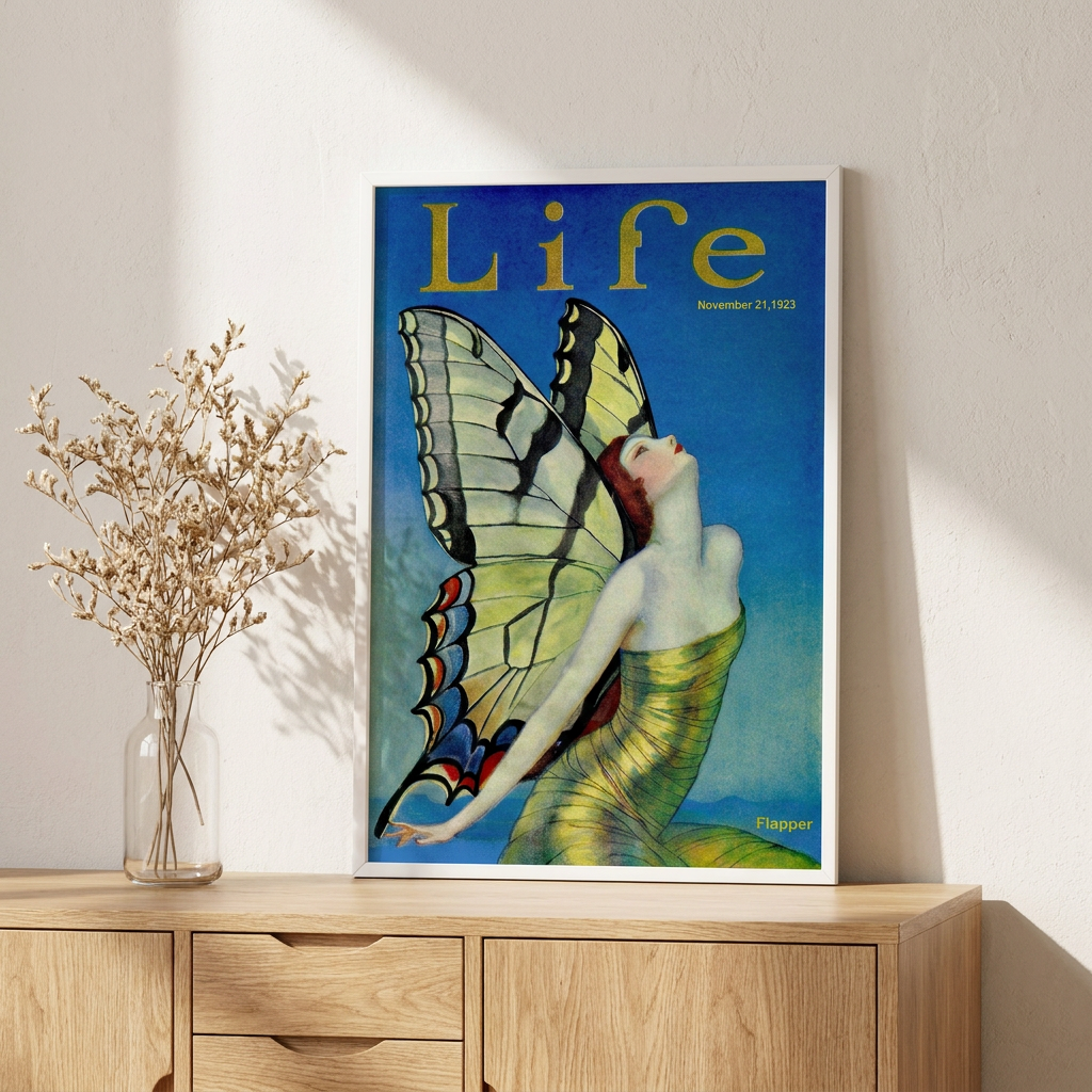 Life Vintage 1923 Flapper Butterfly Poster framed in an interior
