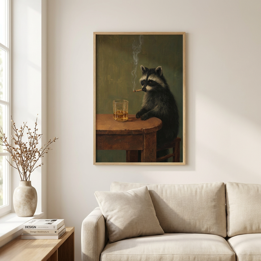 Smoking Raccoon Funny Animal Whisky Lover Poster framed in an interior