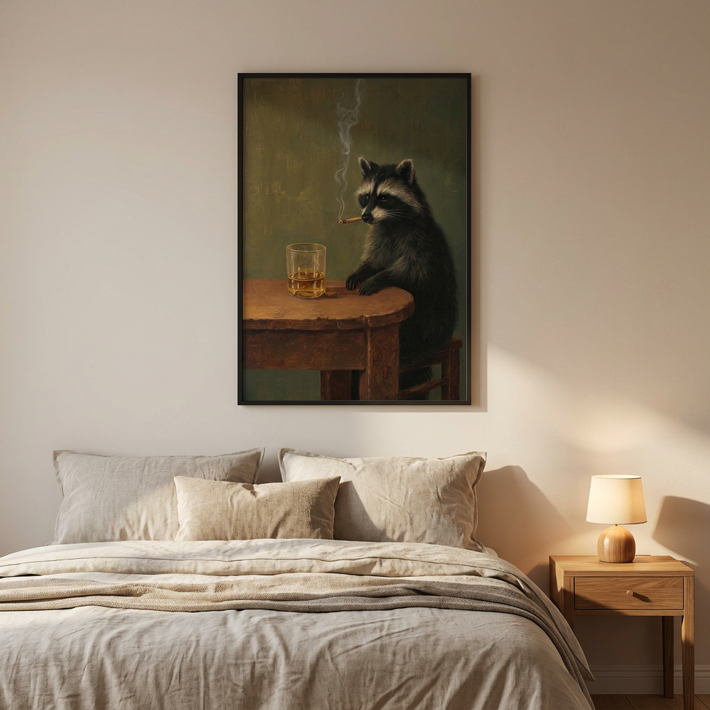 Smoking Raccoon Funny Animal Whisky Lover Poster framed in an interior