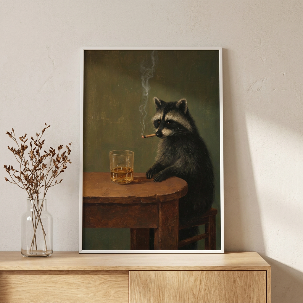 Smoking Raccoon Funny Animal Whisky Lover Poster framed in an interior