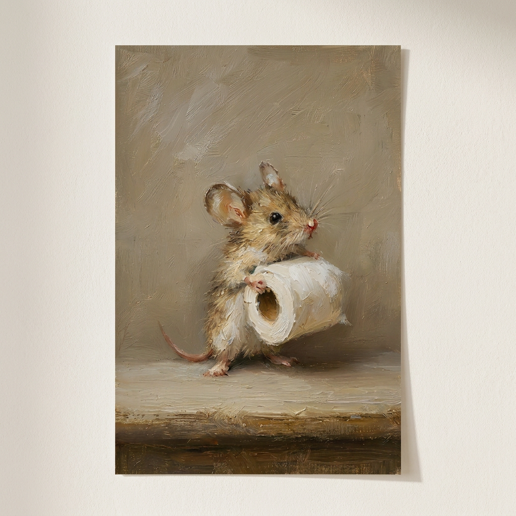 Funny Mouse Holding Toilet Paper Quirky Poster shown cleanly on a wall
