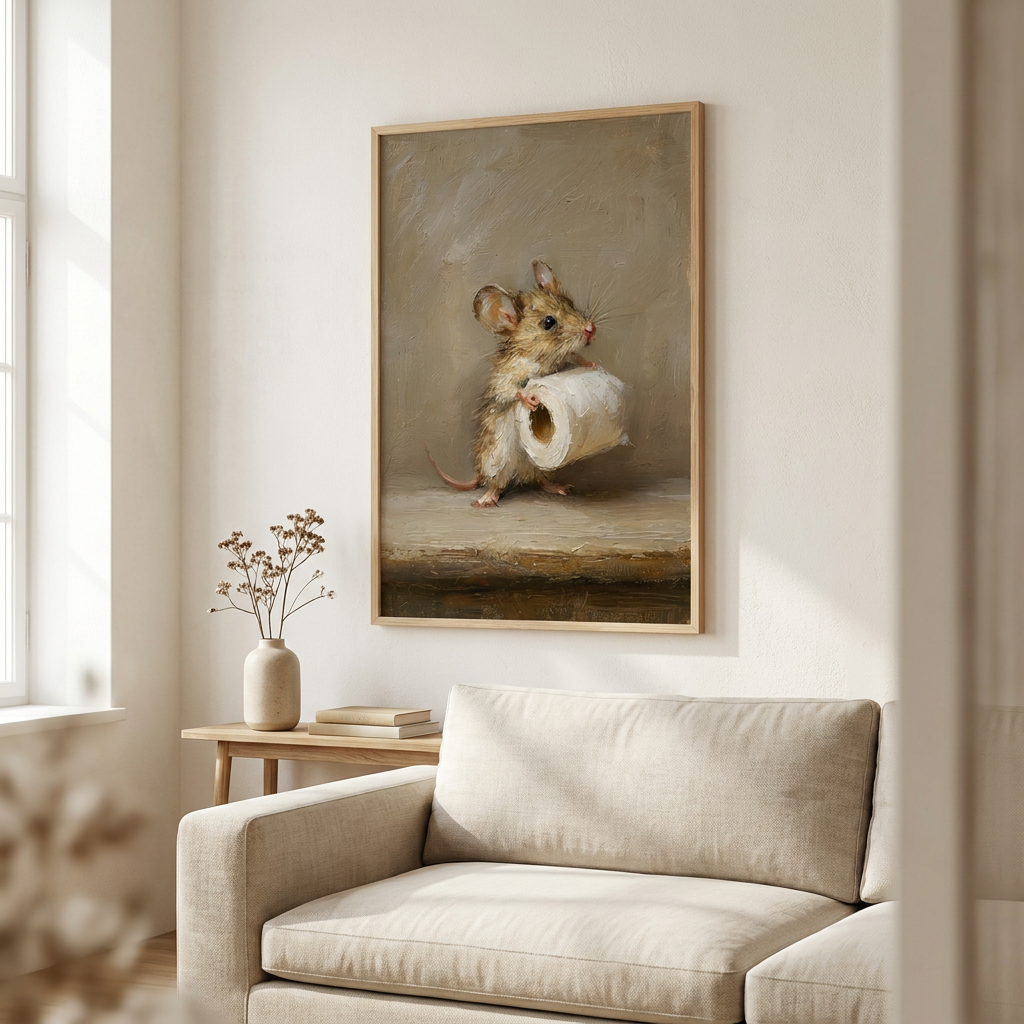 Funny Mouse Holding Toilet Paper Quirky Poster framed in an interior