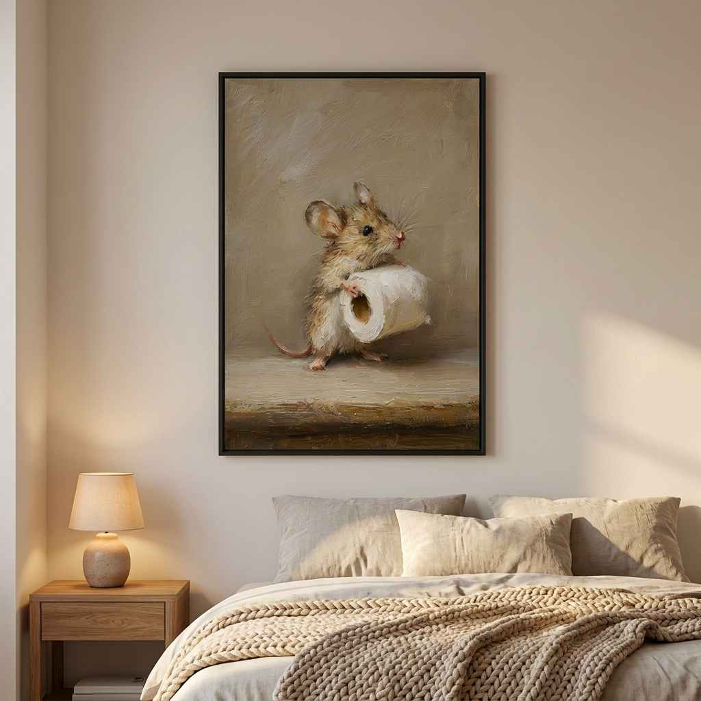 Funny Mouse Holding Toilet Paper Quirky Poster framed in an interior