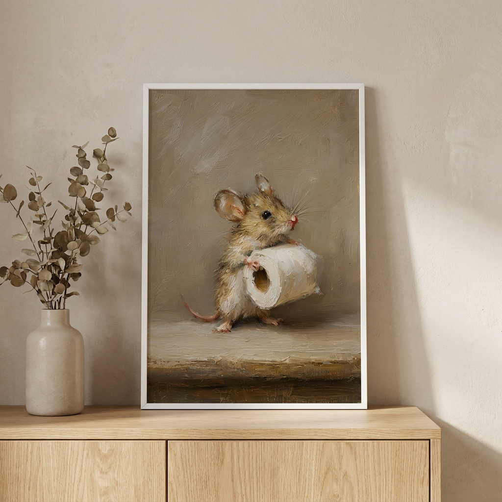 Funny Mouse Holding Toilet Paper Quirky Poster framed in an interior