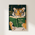 Motivational Tiger Reading Humorous Bookworm Library Poster shown cleanly on a wall