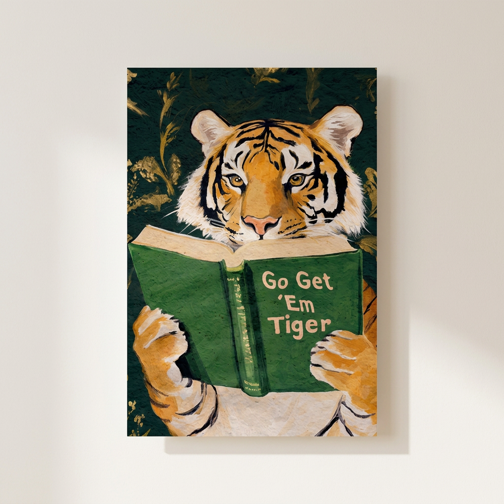 Motivational Tiger Reading Humorous Bookworm Library Poster shown cleanly on a wall
