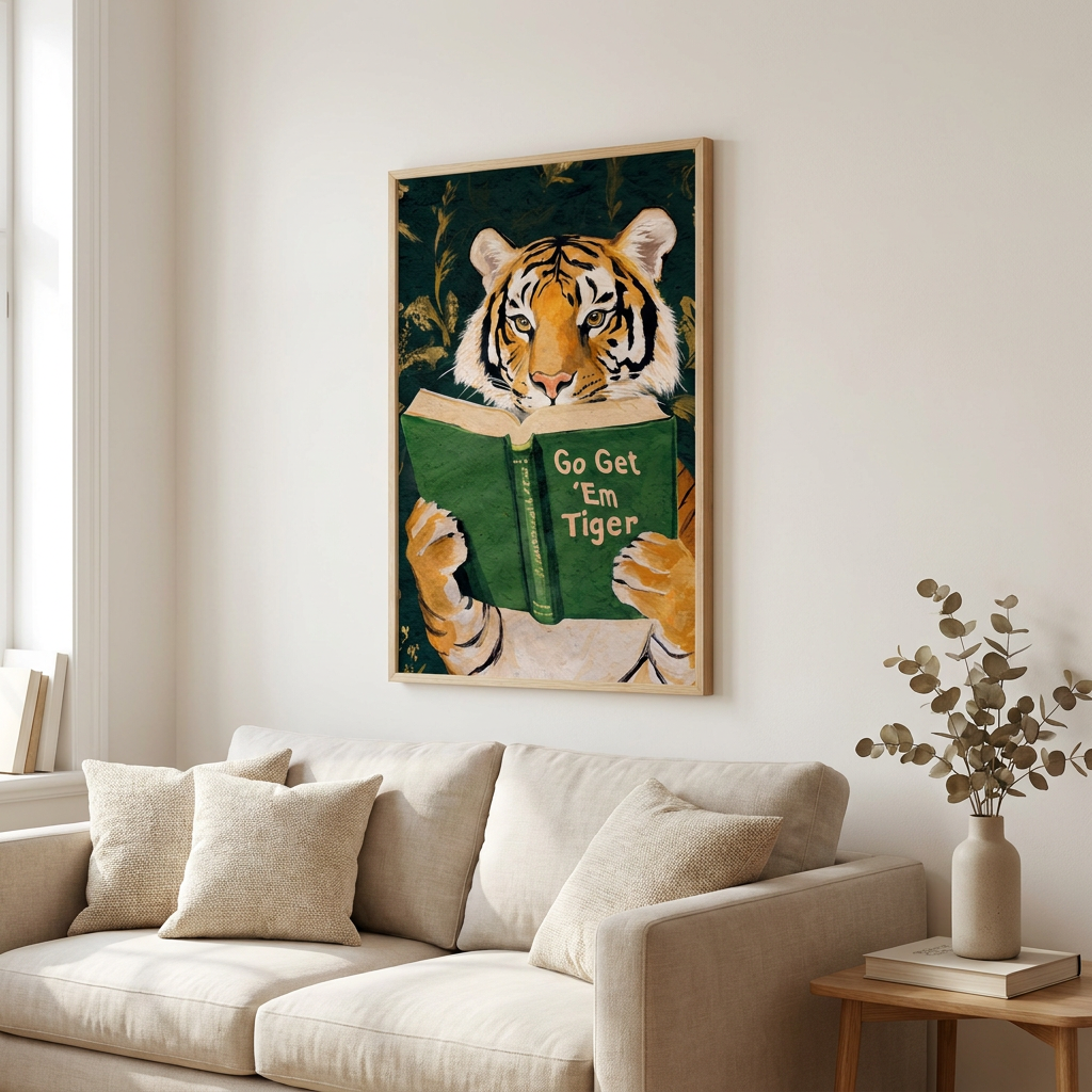 Motivational Tiger Reading Humorous Bookworm Library Poster framed in an interior