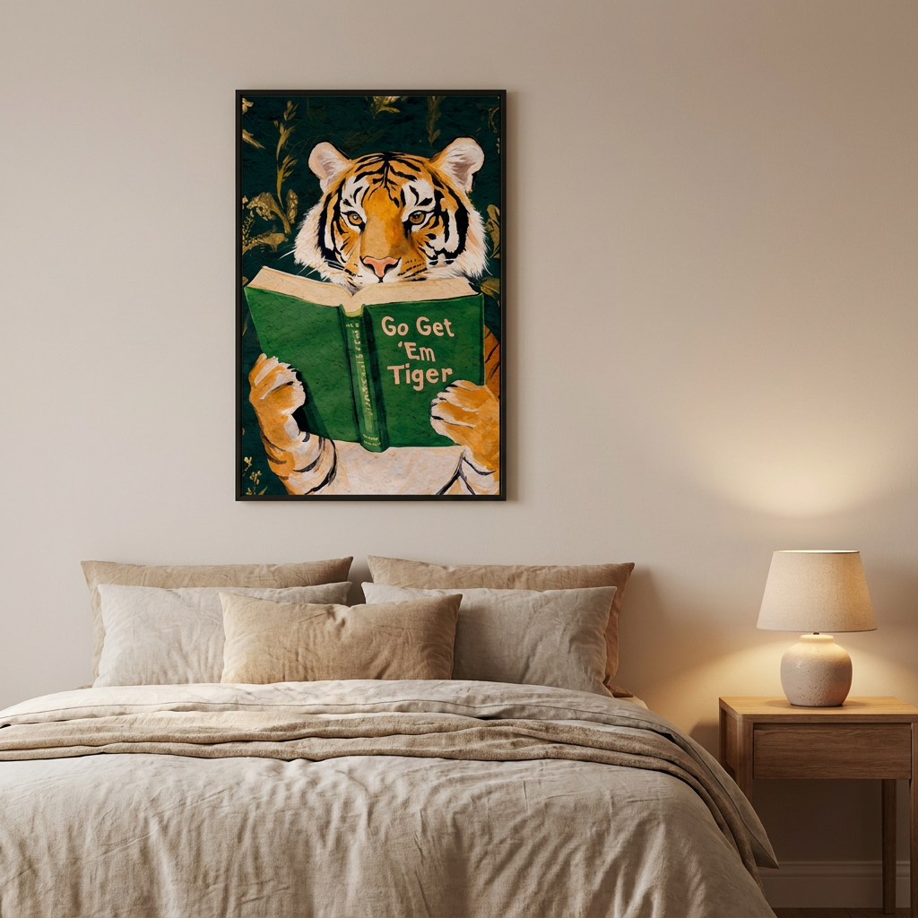 Motivational Tiger Reading Humorous Bookworm Library Poster framed in an interior