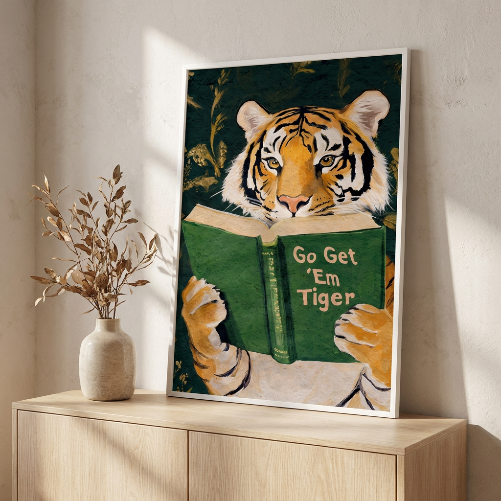 Motivational Tiger Reading Humorous Bookworm Library Poster framed in an interior