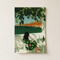 Woman Reading Lake Colorful Summer Illustration Poster shown cleanly on a wall